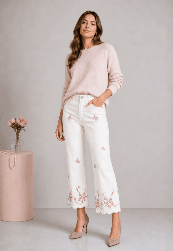 Lecoco Henny Jeans hvit med broderier